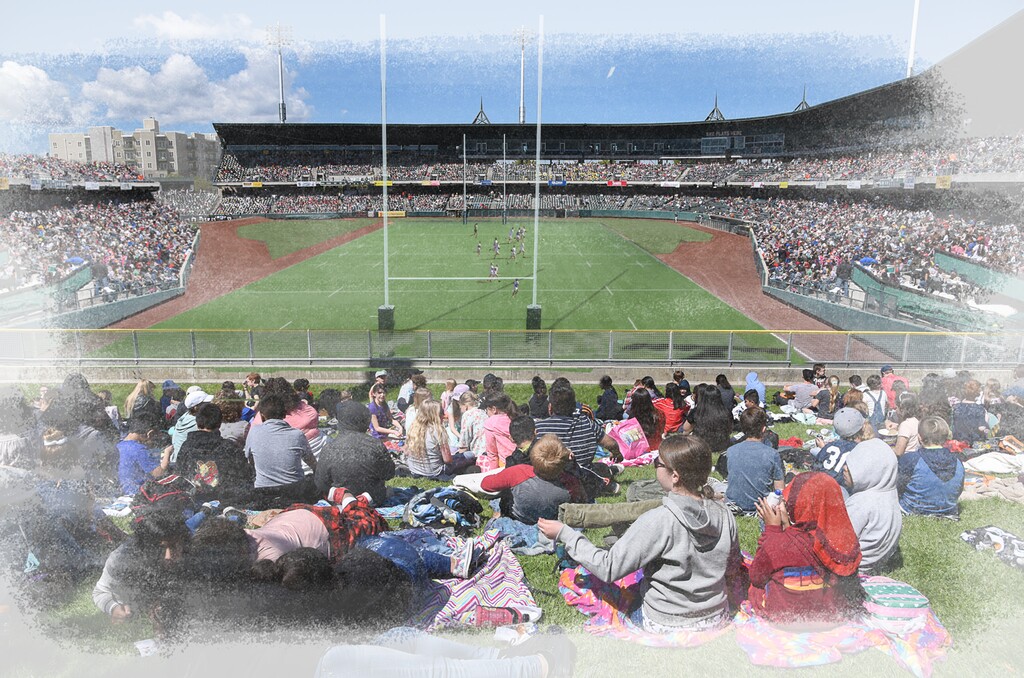 (Angela Dean | AMD Architecture) This artist rendering shows what it might look like to sit on what is now the outfield berm at Smith's Ballpark if the stadium is turned into a women's multi-sport venue.