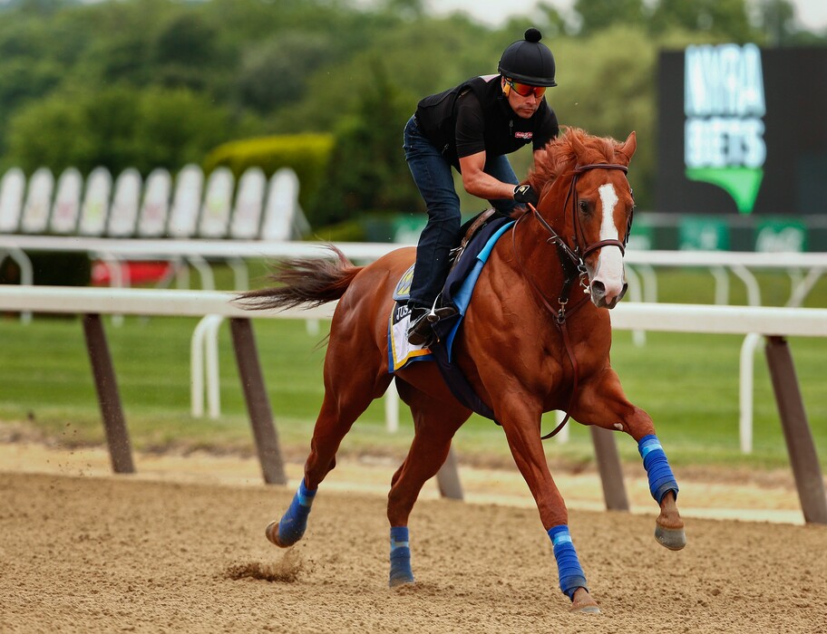 Triple Crown hopeful Justify gallops around the track during a workout at Belmont Park, Thursday, June 7, 2018, in Elmont, N.Y. Justify will attempt to become the 13th Triple Crown winner when he races in the 150th running of the Belmont Stakes horse race on Saturday. (AP Photo/Peter Morgan)