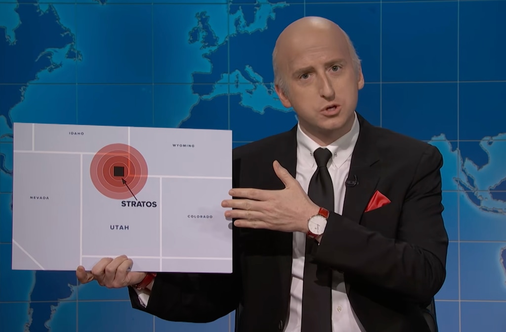 (Screenshot via NBC) Actor James Austin Johnson, portraying "Shark Tank" investor Kevin O'Leary, shows a map of Utah and the area around his proposed Stratos data center project, on the Oct. 10, 2026, episode of "Saturday Night Live."