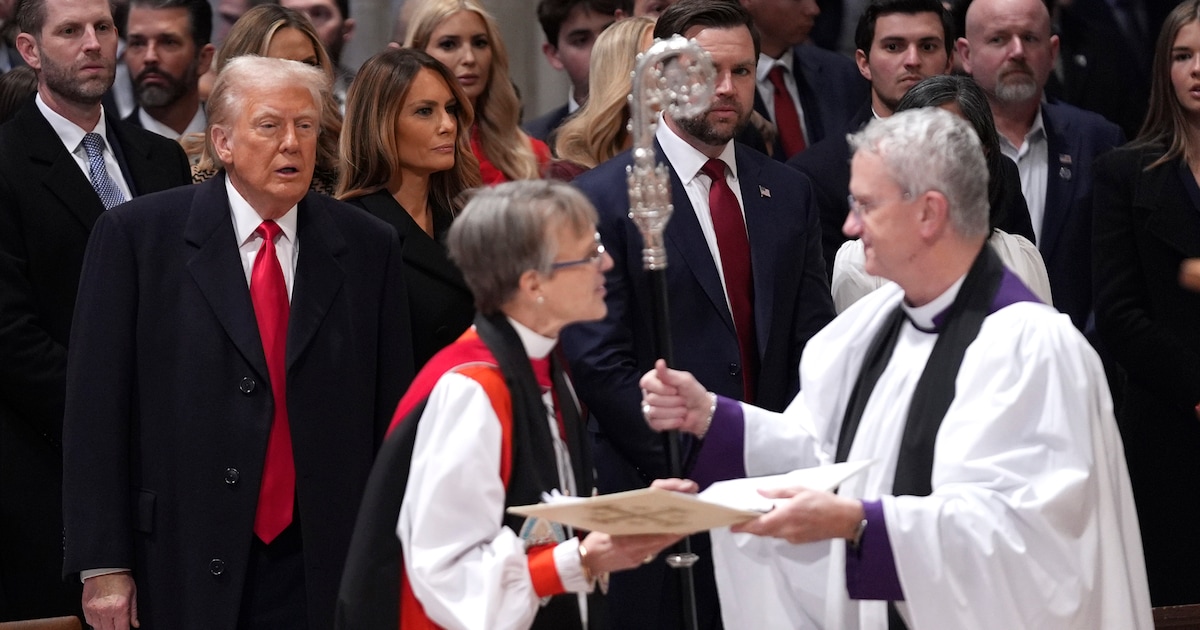 (Evan Vucci | AP) President Donald Trump, from left, watches as the Rt. Rev. Mariann Budde arrives at the national prayer service at the Washington National Cathedral in 2025.