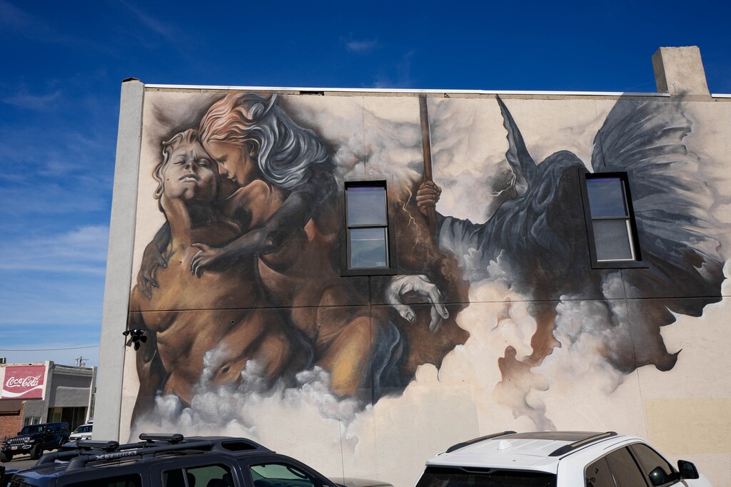 (Francisco Kjolseth | The Salt Lake Tribune) A new mural in Midvale, pictured on Wednesday, Oct. 19, 2022, is sparking controversy with some constituents debating whether it is pornographic or just artistic.