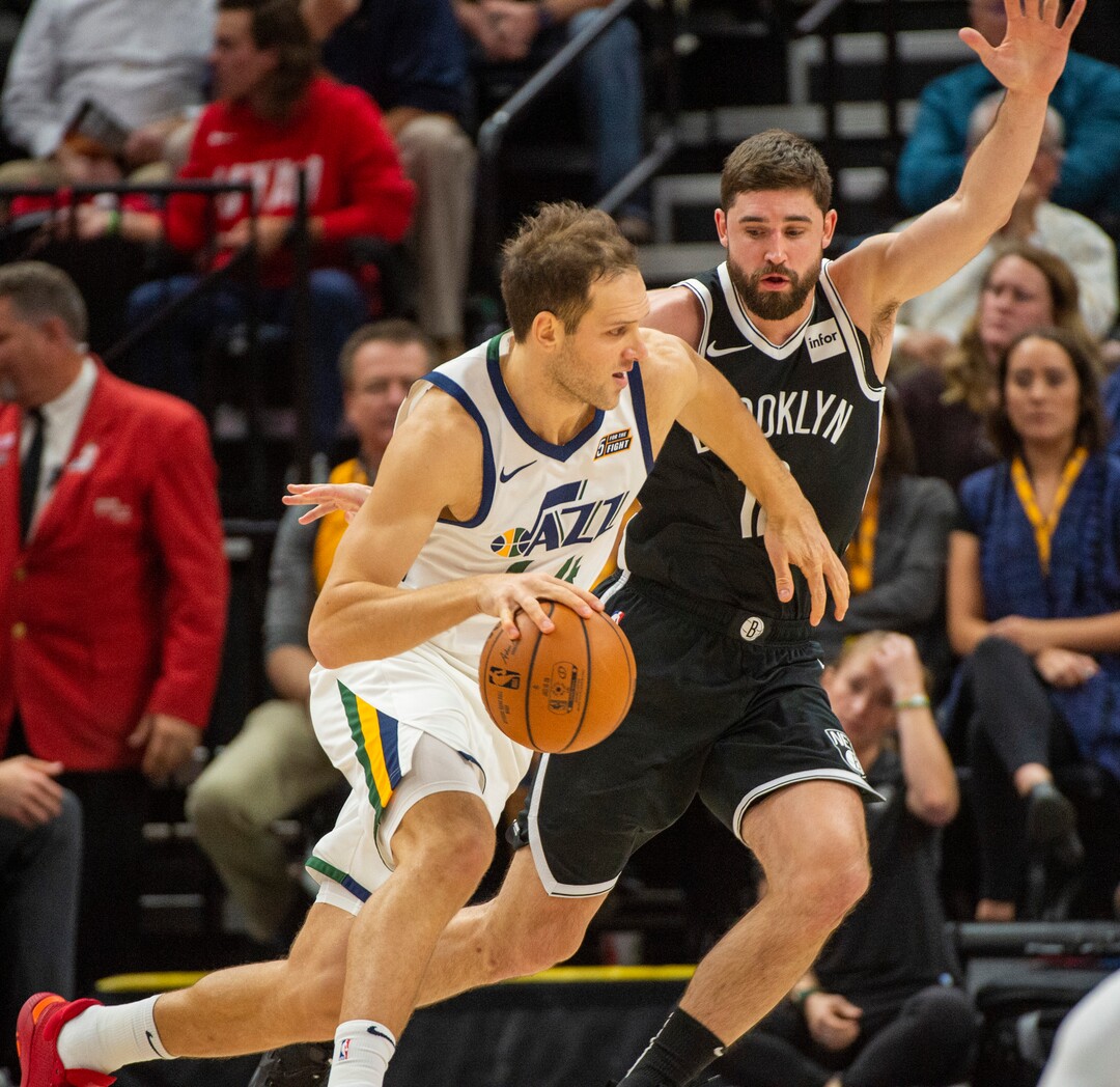 (Rick Egan  |  The Salt Lake Tribune)        Utah Jazz forward Bojan Bogdanovic (44) derives with the all as Brooklyn Nets forward Joe Harris (12) defends, in NBA basketball action between the Utah Jazz and the Brooklyn Nets in Salt Lake City, Tuesday, Nov 12, 2019.