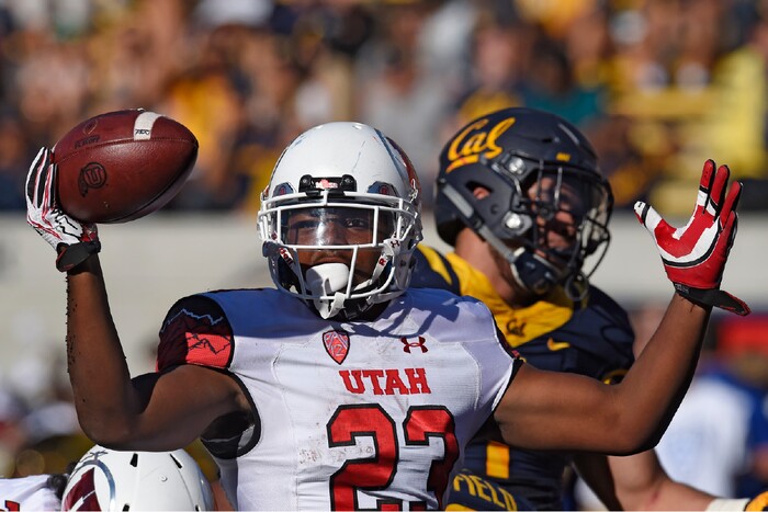 Utah Utes' Armand Shyne (23) celebrates his 4-yard touchdown against the California Golden Bears during the second quarter of their game at Memorial Stadium in Berkeley, Calif., on Saturday, Oct. 1, 2016. (Jose Carlos Fajardo/Bay Area News Group)