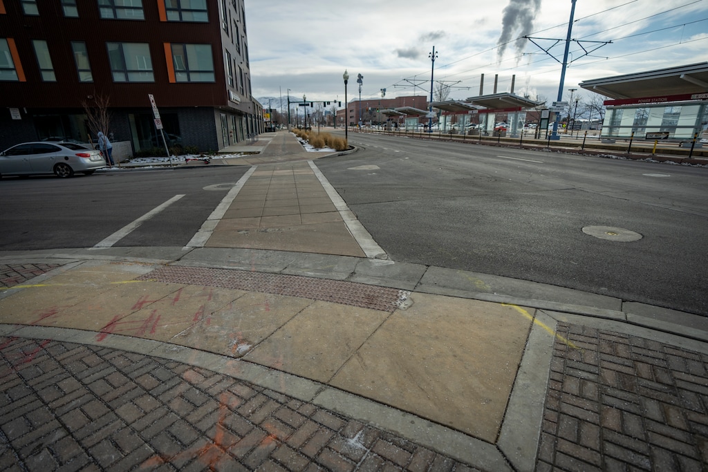 (Rick Egan | The Salt Lake Tribune) North Temple near 1460 West on Thursday, Feb. 19, 2026. A study of transportation around the Power District calls for a protected bike lanes and wider sidewalks on North Temple.
