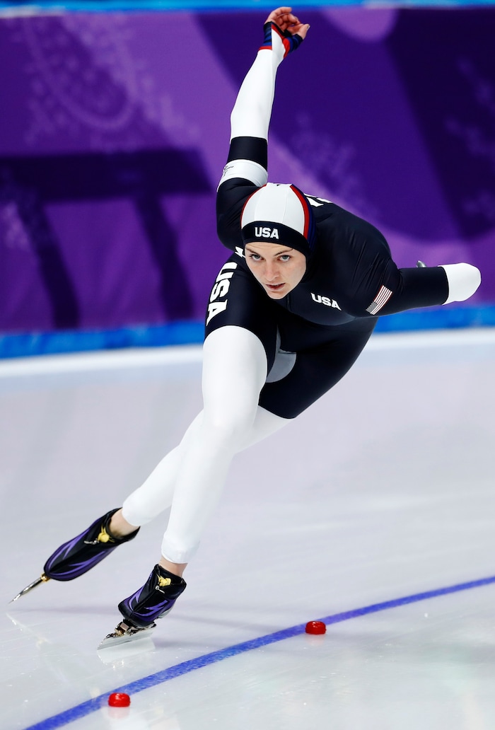 Heather Bergsma of the U.S. competes during the women's 1,500 meters speedskating race at the Gangneung Oval at the 2018 Winter Olympics in Gangneung, South Korea, Monday, Feb. 12, 2018. (AP Photo/Petr David Josek)