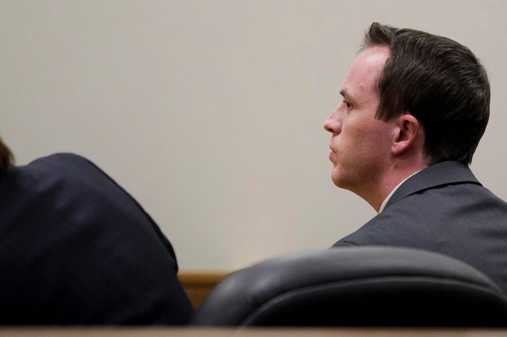 Ian Maule | Pool
Conrad Truman listens as the verdict is read finding him guilty of murder and obstruction of justice in the 2012 death of his wife Heidy Truman at the Fourth District Court in Provo on Wednesday, Oct. 22, 2014. He later received a second trial, and a jury acquitted him of the charges in 2017.
