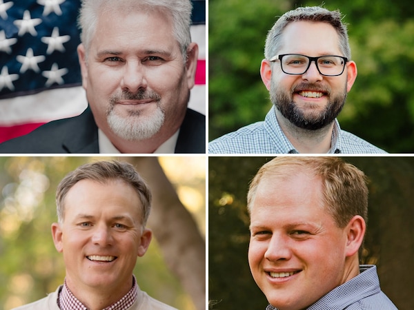 (Campaign photos) Clockwise from top left: Carlton Bowen, Peter Crosby, Robert Moesinger, and Blake Moore, candidates for the 2026 2nd Congressional District election.