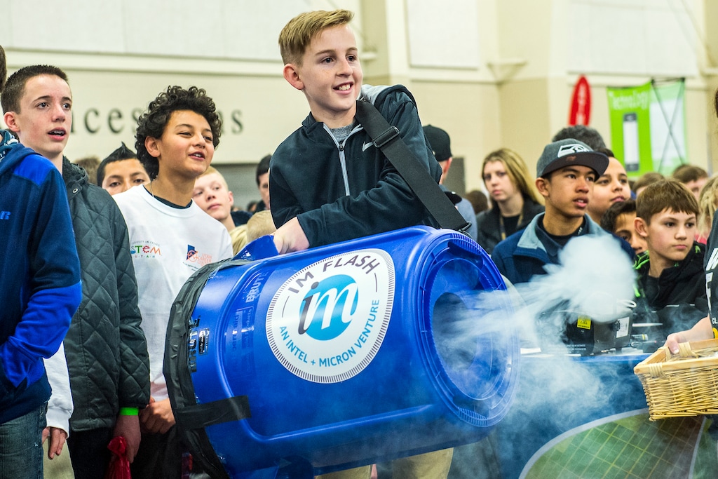 Chris Detrick | The Salt Lake Tribune
Frontier Middle School seventh-grader Max Simmons uses a vortex cannon to blow out smoke rings during UtahÕs Second Annual STEM Fest at South Towne Expo Center Tuesday February 2, 2016. More than 18,000 seventh through 10th grade students will engage with science, technology, engineering and math (STEM) through interactive experiences.