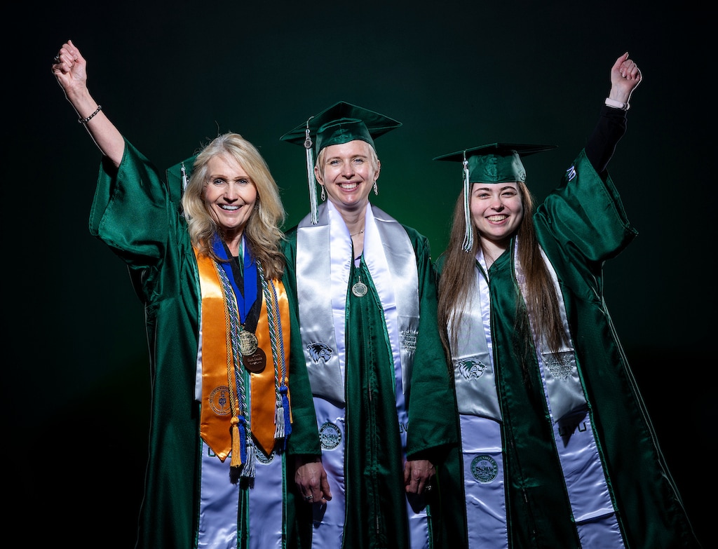 (August Miller | Utah Valley University) From left, Diana Flygare, Melissa Davis, Hadley Davis — grandmother, daughter and granddaughter — graduated together this year.