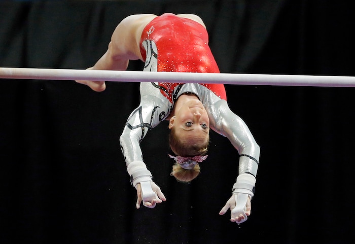 MyKayla Skinner competes on the uneven bars during the U.S. women's gymnastics championships, Friday, June 24, 2016, in St. Louis. (AP Photo/Tony Gutierrez)