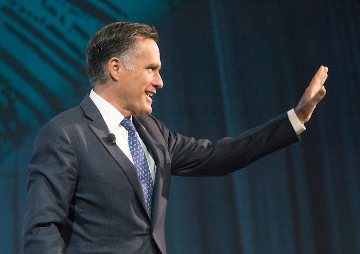 (Rick Egan  |  The Salt Lake Tribune)   Mitt Romney waves to the crowd after speaking at the Tech Summit at the Salt Palace Convention Center,  Friday, January 19, 2018.


