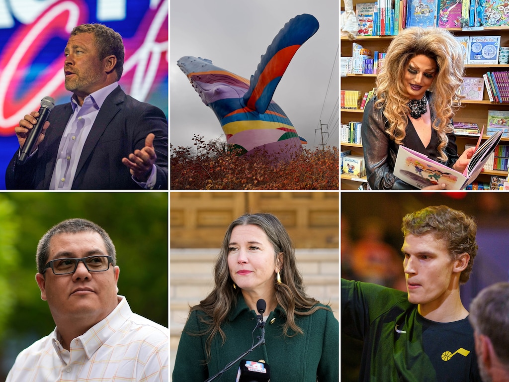 (The New York Times; The Salt Lake Tribune) Clockwise from top left: Tim Ballard; the whale sculpture in the 9th and 9th neighborhood; Tara Lipsyncki; Lauri Markkanen; Erin Mendenhall; and Julius Murray.