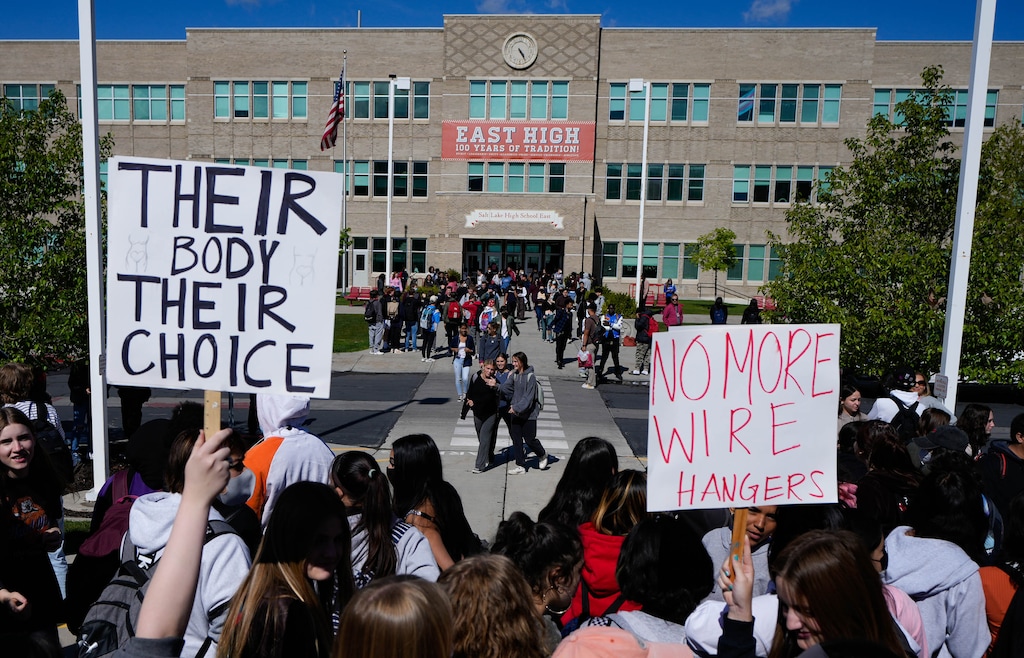 (Francisco Kjolseth | The Salt Lake Tribune) East High students walk out to protest the Supreme Court's leaked decision to overturn Roe v. Wade and give states the power to ban abortions on Thursday, May 12, 2022. What Utah students can learn about abortion isn't defined in law, so it's up to each district.