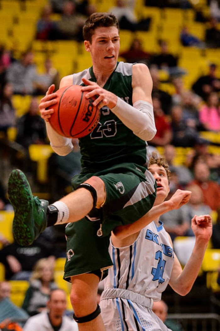 (Trent Nelson | The Salt Lake Tribune)  Payson vs. Sky View, 4A State high school basketball tournament at Utah Valley University in Orem, Thursday March 1, 2018. Payson's Hagen Wright (23) pulls in a rebound.