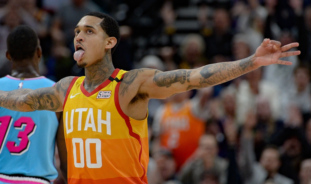 (Francisco Kjolseth  |  The Salt Lake Tribune) Utah Jazz guard Jordan Clarkson (00) celebrates a three pointer in the final minutes as the Utah Jazz host the Miami Heat in their NBA basketball game at Vivint Smart Home Arena in Salt Lake City on Wednesday, Feb. 12, 2020.