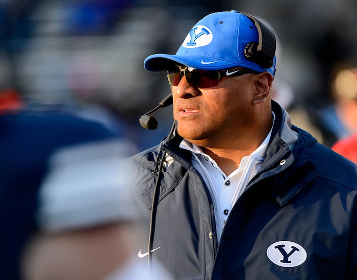 (Trent Nelson | The Salt Lake Tribune)  BYU coach Kalani Sitake as BYU hosts the University of Massachusetts, NCAA football in Provo, Saturday November 18, 2017.
