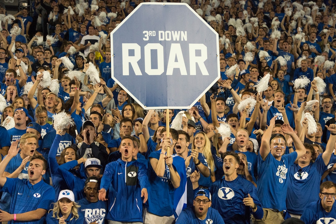 (Rick Egan  |  The Salt Lake Tribune)  Brigham Young fans cheer to stop a Utah drive lat in the 4th quarter, but it wasn't enough, as  BYU  failed to move the ball on their last possession and were defeated by the Utes 19-13, at Lavell Edwards Stadium in Provo, Saturday, September 9, 2017.
