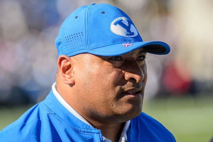 (Trent Nelson | The Salt Lake Tribune)  
Brigham Young Cougars head coach Kalani Sitake as BYU hosts Northern Illinois, NCAA football in Provo, Saturday Oct. 27, 2018.