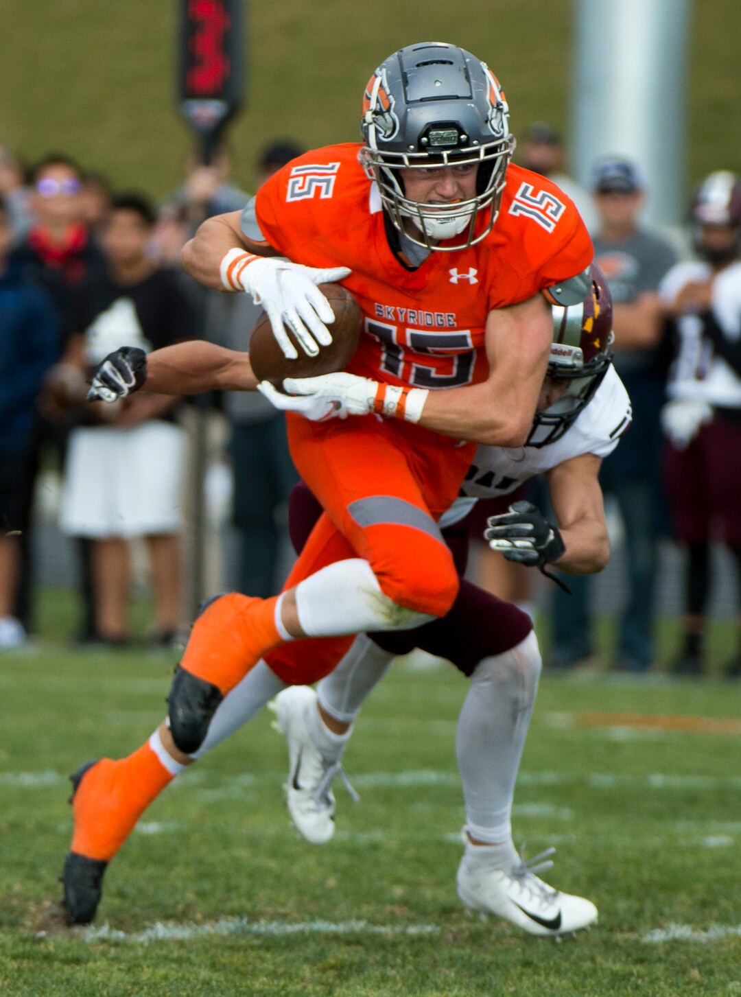 (Rick Egan  |  The Salt Lake Tribune)   Ty Arrington hauls in a pass, as Quentin Kafentzis  defends for Jordan, in prep 5A playoff action between Jordan High and Skyridge High, in Lehi, Friday, Nov. 2, 2018.
