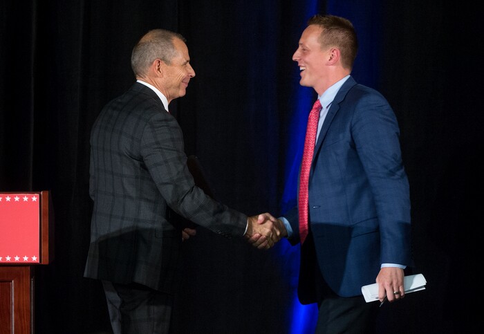 Leah Hogsten | The Salt Lake Tribune
l-r Third District primary candidate Provo Mayor John Curtis shakes hands with Tanner Ainge after The Salt Lake Tribune-Hinckley Institute of Politics debate, July 28, 2017, at the Utah Valley Convention Center in Provo. The primary will be held Aug. 15.