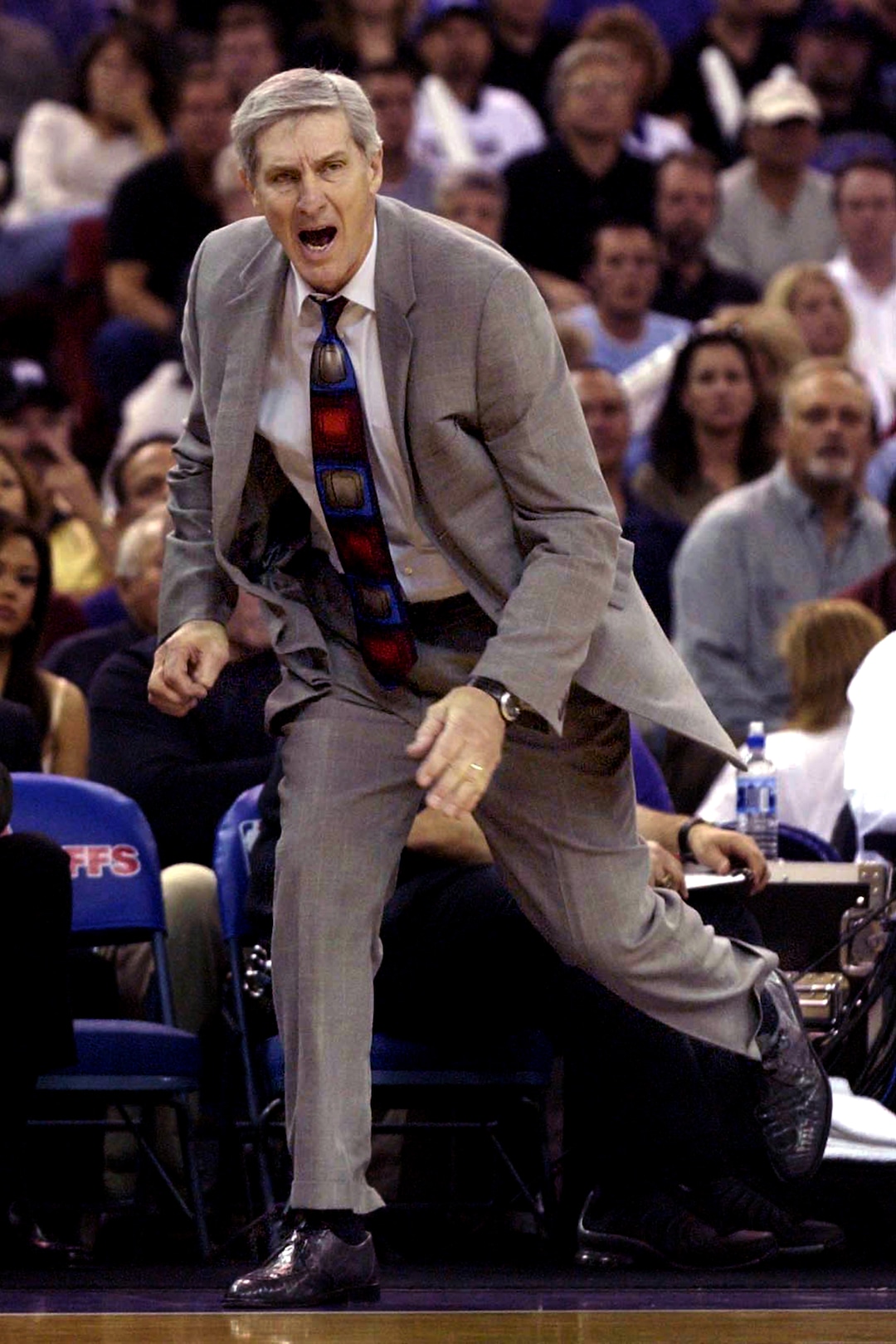 (Steve Griffin  |  Tribune file photo) Jerry Sloan gets animated as he screams at the refs during a playoffs game against the Sacramento Kings on April 30, 2003.