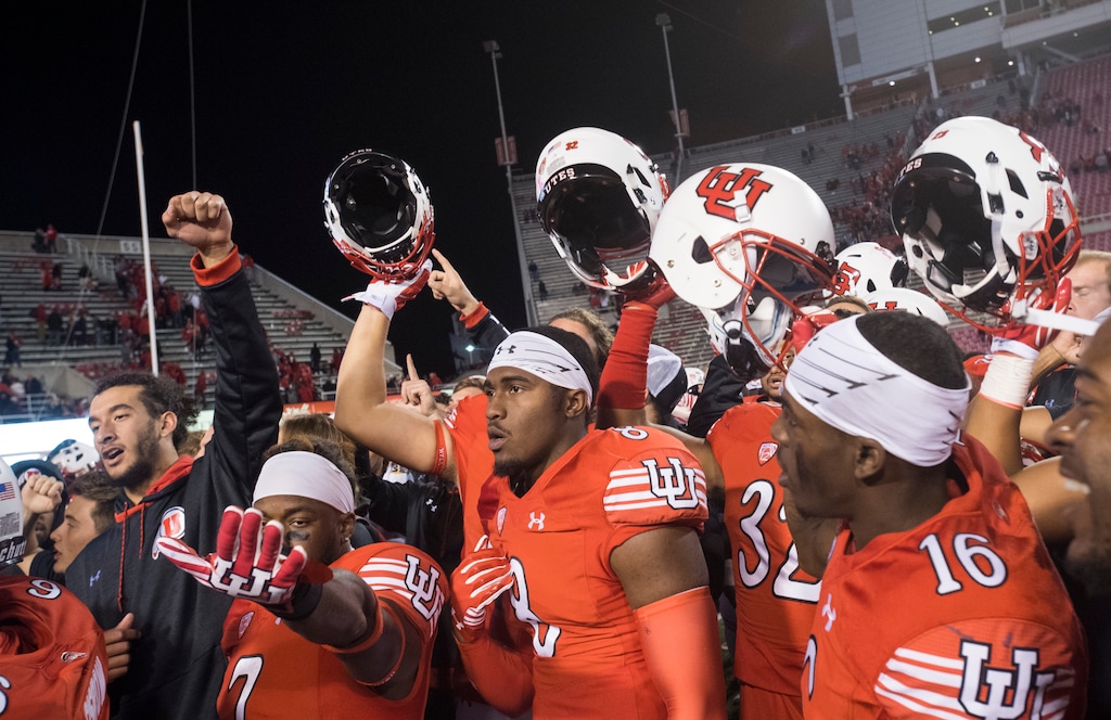 Rick Egan  |  The Salt Lake TribuneUtah Utes sing "Utah Man" after their  36-23 win over Arizona, in PAC-12 football action, at Rice-Eccles Stadium, Saturday, October 8, 2016.