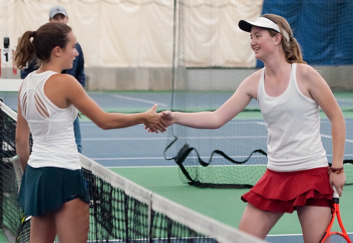 Michael Mangum  |  Special to the TribuneWaterford's Sophie Christensen, right, shakes the hand of Rowland Hall's Katie Foley after Foley won the 3A 1st singles state championship during the Utah high school state tennis finals at the Salt Lake Tennis & Health Club in Salt Lake City on Saturday, September 30, 2017.