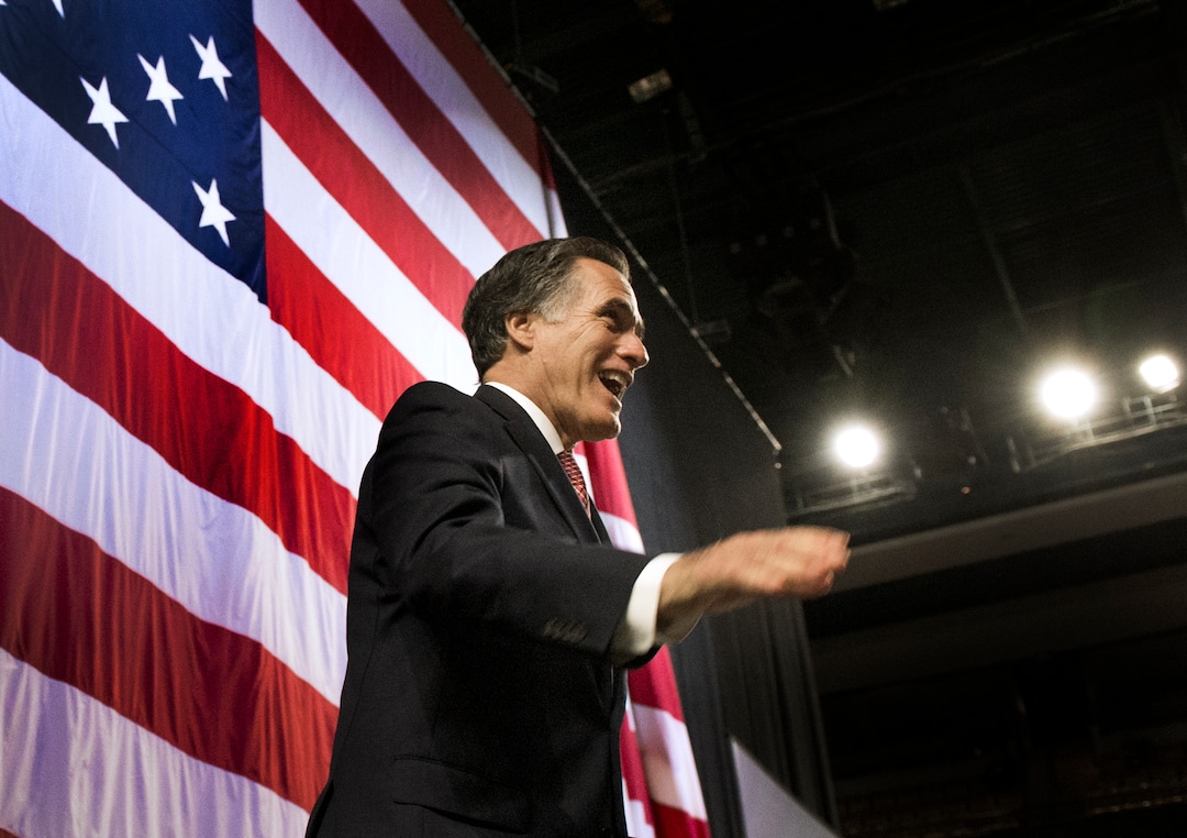 (Leah Hogsten  |  The Salt Lake Tribune) U. S. Senate candidate Mitt Romney delivers his speech to the delegates at the Utah Republican Nominating Convention Saturday, April 21, 2018 at the Maverik Center. 