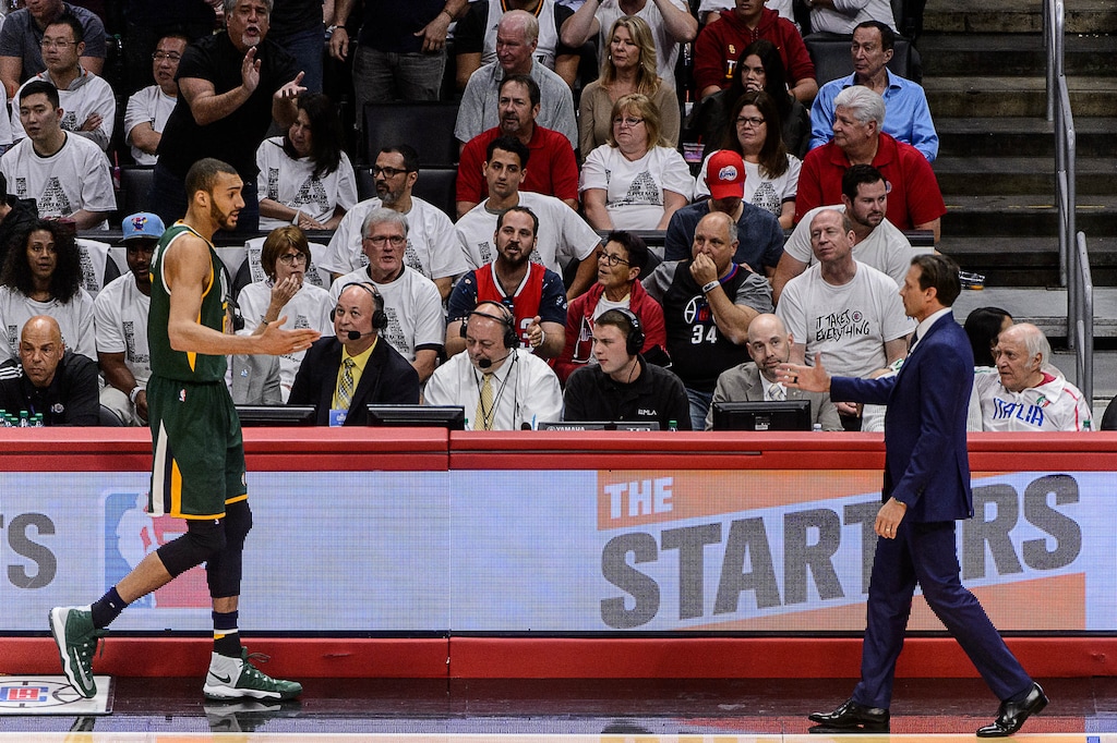 Trent Nelson  |  The Salt Lake TribuneUtah Jazz center Rudy Gobert (27) leaves the game with his fourth foul, meeting Utah Jazz head coach Quin Snyder on the sideline, as the Utah Jazz face the Los Angeles Clippers in Game 7 at STAPLES Center in Los Angeles, California, Sunday April 30, 2017.