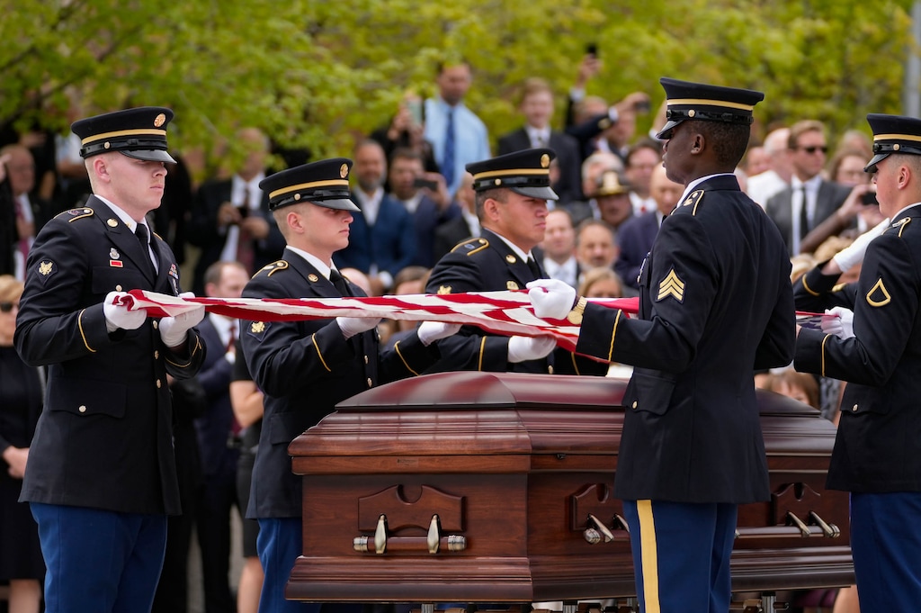 (Francisco Kjolseth | The Salt Lake Tribune) Pallbearers with the Utah Army National Guard fold the flag covering the casket of former U.S. Sen. Orrin G. Hatch following funeral services at The Church of Jesus Christ of Latter-day Saints Institute of Religion in Salt Lake City on Friday, May 6, 2022. Hatch, the longest-serving Republican in the U.S. Senate and the longest-serving senator from Utah, died April 23 at age 88.