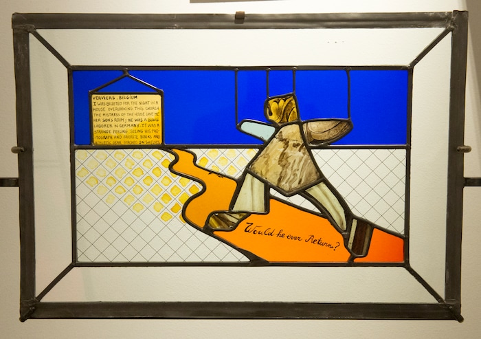 (Rick Egan  |  The Salt Lake Tribune)      Veviers, Belgium, Unidentified sanctuary,  is part of the the McDonald Windows, stained glass exhibit, "Remembered Light," which features fragments from World War II windows. The exhibit brought to Utah by the Salt Lake Interfaith Roundtable & the Peace Committee of the Utah District of Rotary International. The exhibit runs through Nov 17, at 175 South Main, in Salt Lake City. Monday, Oct. 29, 2018.




