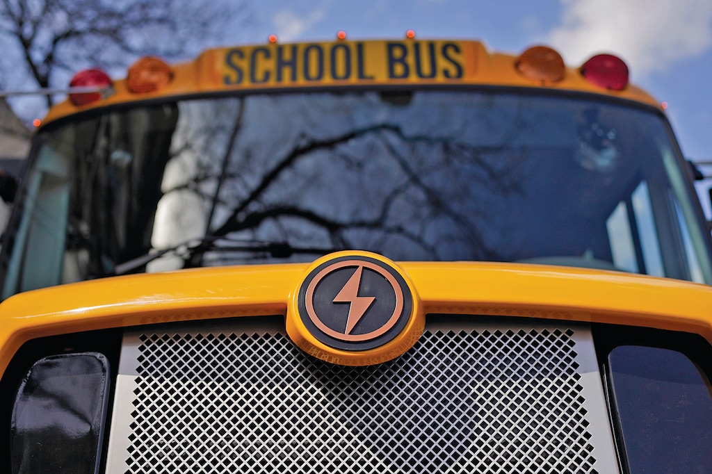 FILE - A Lion electric school bus is seen on display in Austin, Texas, Feb. 22, 2023.  (AP Photo/Eric Gay, File)