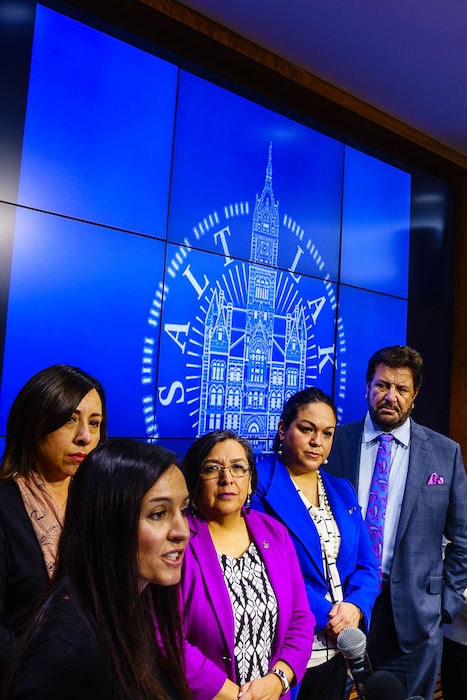 Trent Nelson | The Salt Lake Tribune
ACLU attorney Marina Lowe speaks as House Democratic Representatives and Utah Latino Leaders, along with community activists, law enforcement, and others spoke against recent orders by President Donald Trump on immigration and refugee status. The press event took place at the Salt Lake City Public Safety Building, Thursday January 26, 2017. At rear are Rep. Angela Romero, Rep. Rebecca Chavez-Houck, Sen. Luz Escamilla, and Rep. Mark A. Wheatley.