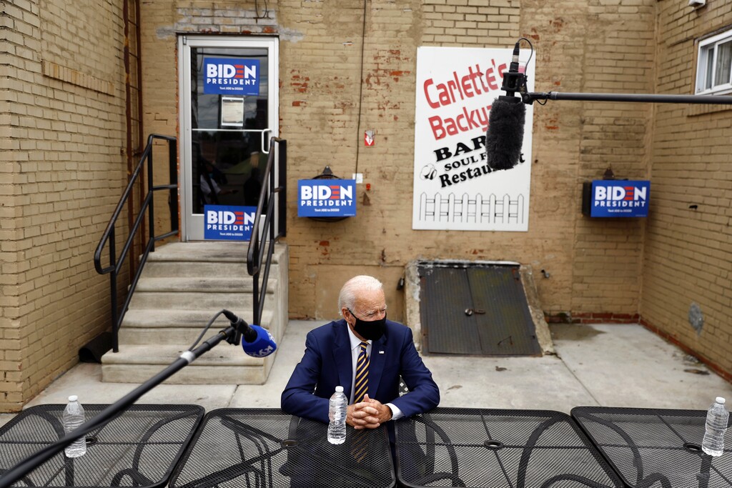 (Matt Slocum | AP) Democratic presidential candidate, former Vice President Joe Biden meets with small business owners, Wednesday, June 17, 2020, at Carlette's Hideaway, a soul food restaurant, in Yeadon, Pa.