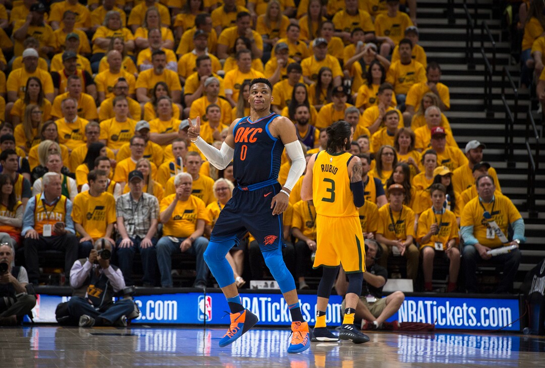 (Scott Sommerdorf | The Salt Lake Tribune)Oklahoma City Thunder forward Paul George (13) plays to the crowd with a reaction to a made 3-point shotUtah Jazz forward Joe Ingles (2) drives past Oklahoma City Thunder forward Corey Brewer (3) during first quarter play. 