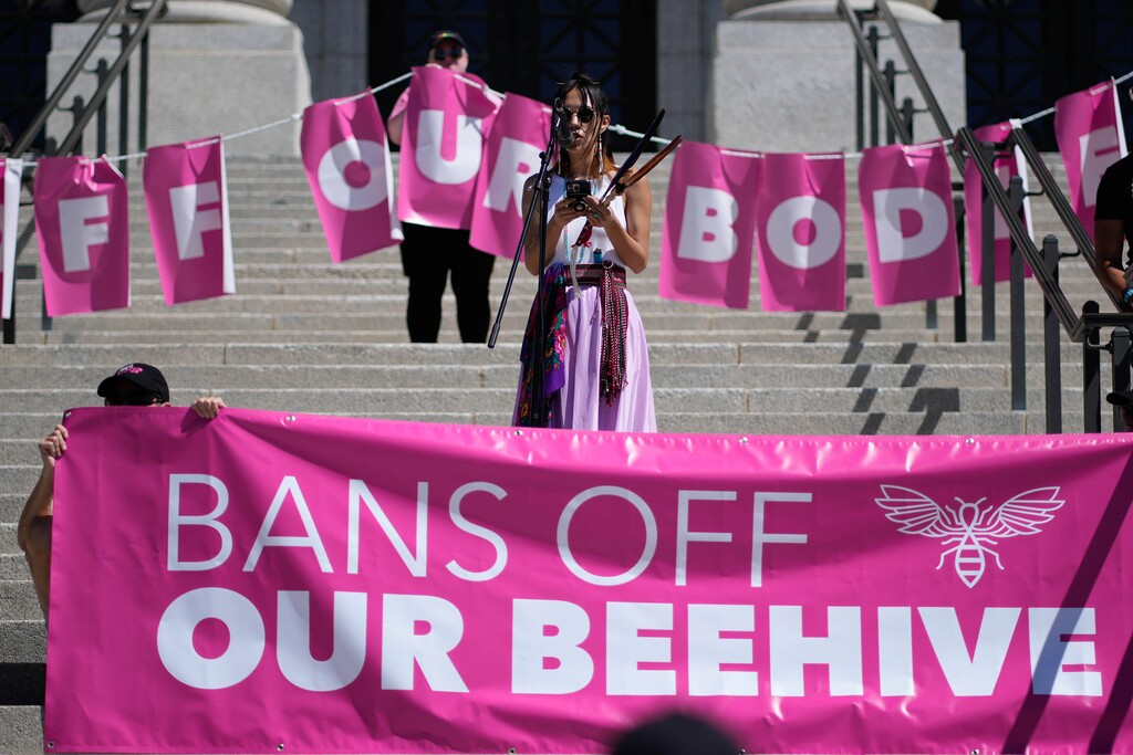 (Francisco Kjolseth | The Salt Lake Tribune) Danae Shanidiin makes the opening remarks as protesters gather at the Utah Capitol for a “Bans Off Our Beehive” rally in support of abortion rights on Saturday, May 14, 2022.