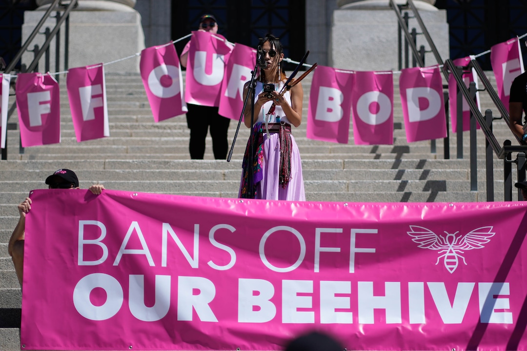 (Francisco Kjolseth | The Salt Lake Tribune) Danae Shanidiin makes the opening remarks as protesters gather at the Utah Capitol for a “Bans Off Our Beehive” rally in support of abortion rights on Saturday, May 14, 2022.