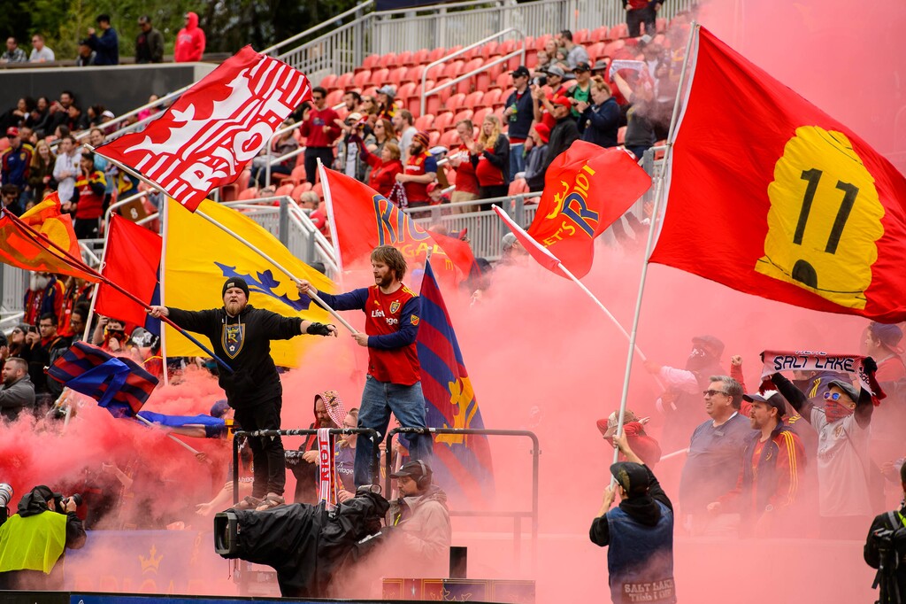 (Trent Nelson  |  The Salt Lake Tribune)  Real Salt Lake fans celebrate a goal as Real Salt Lake hosts Toronto FC, MLS Soccer at Rio Tinto Stadium in Sandy on Saturday May 18, 2019.