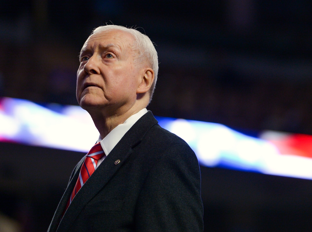 (Leah Hogsten  |  The Salt Lake Tribune) Retiring seven-term Sen. Orrin Hatch was honored at the Utah Republican Nominating Convention Saturday, April 21, 2018 at the Maverik Center.