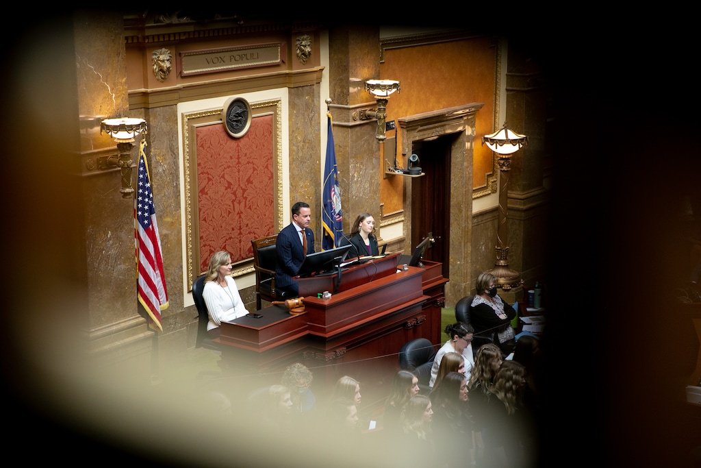 (Rachel Rydalch | The Salt Lake Tribune) House speaker Brad Wilson R-Kaysville, addressing the House of Representatives as the start of the 2022 legislative session begins at the Utah Capitol in Salt Lake City on Tuesday, Jan. 18, 2022. The state's Executive Appropriations Committee began setting aside their budget priorities for fiscal year 2024 on Dec. 13, 2022.