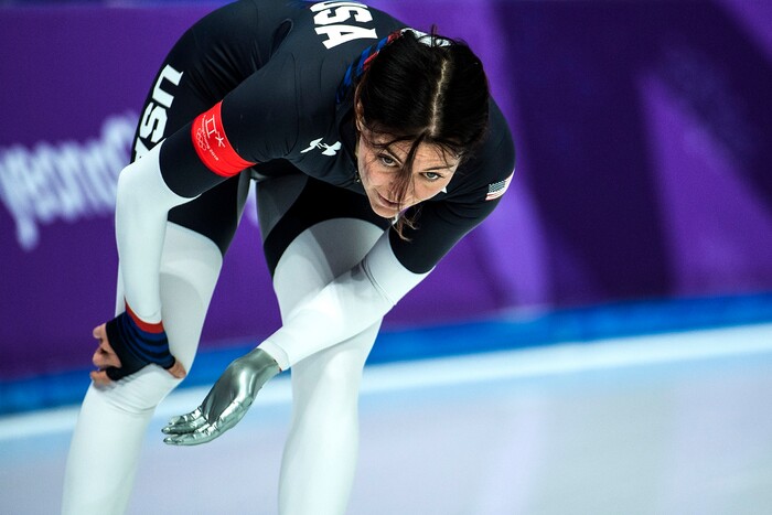 (Chris Detrick  |  The Salt Lake Tribune)  USA's Heather Bergsma after racing Netherlands' Marrit Leenstra in the Ladies' 1,000m during the Pyeongchang 2018 Winter Olympics Wednesday, Feb. 14, 2018.  Bergsma finished in 8th place with a time of 1:15.15.