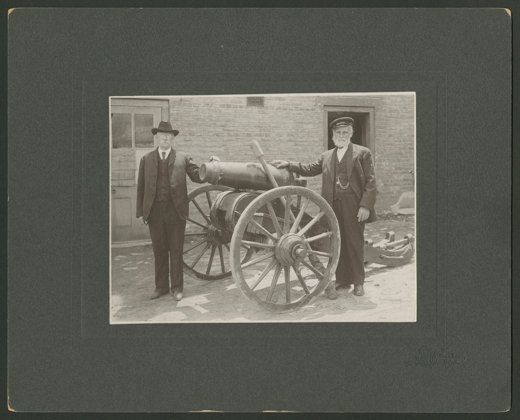 (Photo courtesy Church History Library) Views of veteran artillerymen of the Nauvoo Legion posed with the "Old Sow," a cannon that was brought across the Plains with Brigham Young's pioneer company.