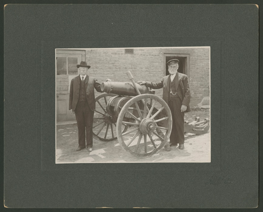 (Photo courtesy Church History Library) Views of veteran artillerymen of the Nauvoo Legion posed with the "Old Sow," a cannon that was brought across the Plains with Brigham Young's pioneer company.