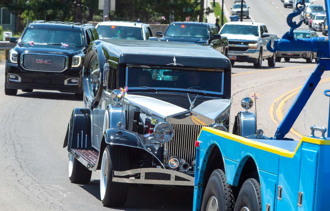 (Rick Egan  |  The Salt Lake Tribune)    The hearse follows a line of tow trucks in the funeral procession for five-year-old Elizabeth Shelley up highway 89 to the Logan Cemetery. Elizabeth was allegedly killed by her uncle in Logan last week. Tuesday, June 4, 2019.