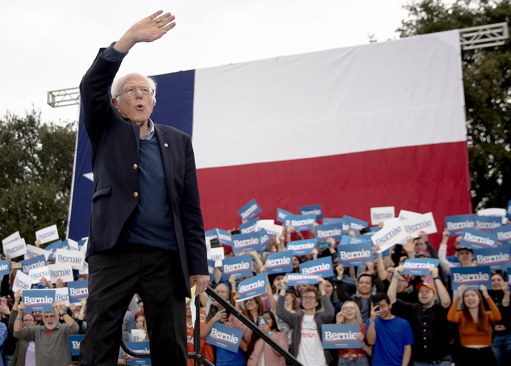 (Nick Wagner | Austin American-Statesman via AP) Democratic presidential candidate Sen. Bernie Sanders, I-Vt., waves to his supporters during a campaign event on Sunday, Feb. 23, 2020, in Austin, Texas.