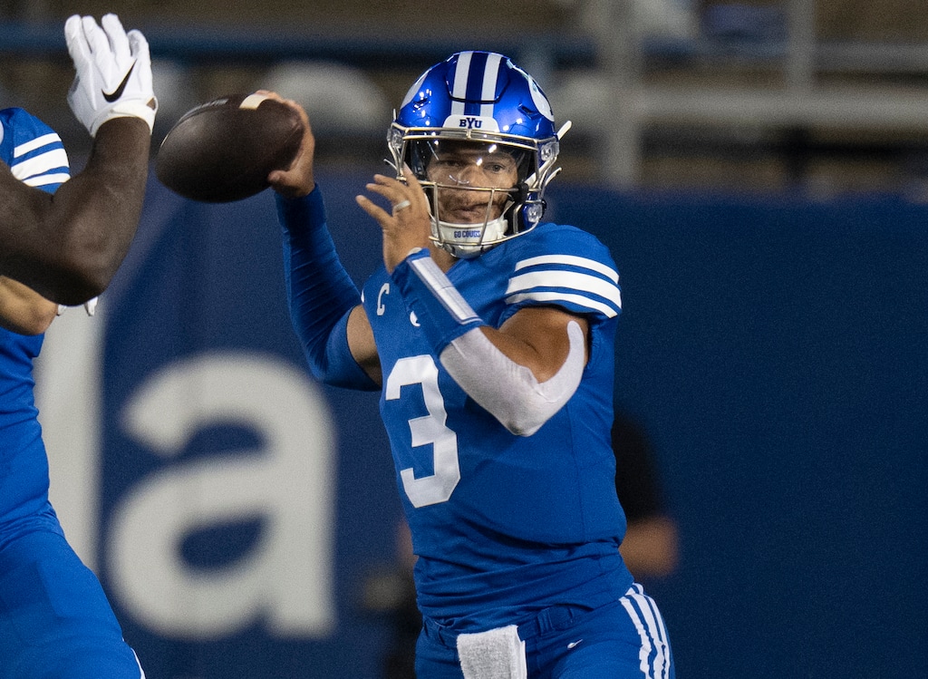 (Rick Egan | The Salt Lake Tribune)  BYU quarterback Jaren Hall (3) sets up to throw, in game action between the Brigham Young Cougars and the Baylor Bears, at LaVell Edwards Stadium, on Saturday, Sept. 10, 2022.