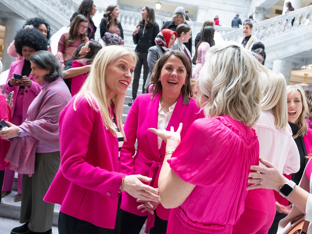 (Leah Hogsten | The Salt Lake Tribune) Period Project supporters applaud the announcement that the state will provide free period products in all women's and all-gender bathrooms in Utah's state buildings on March 2, 2023.