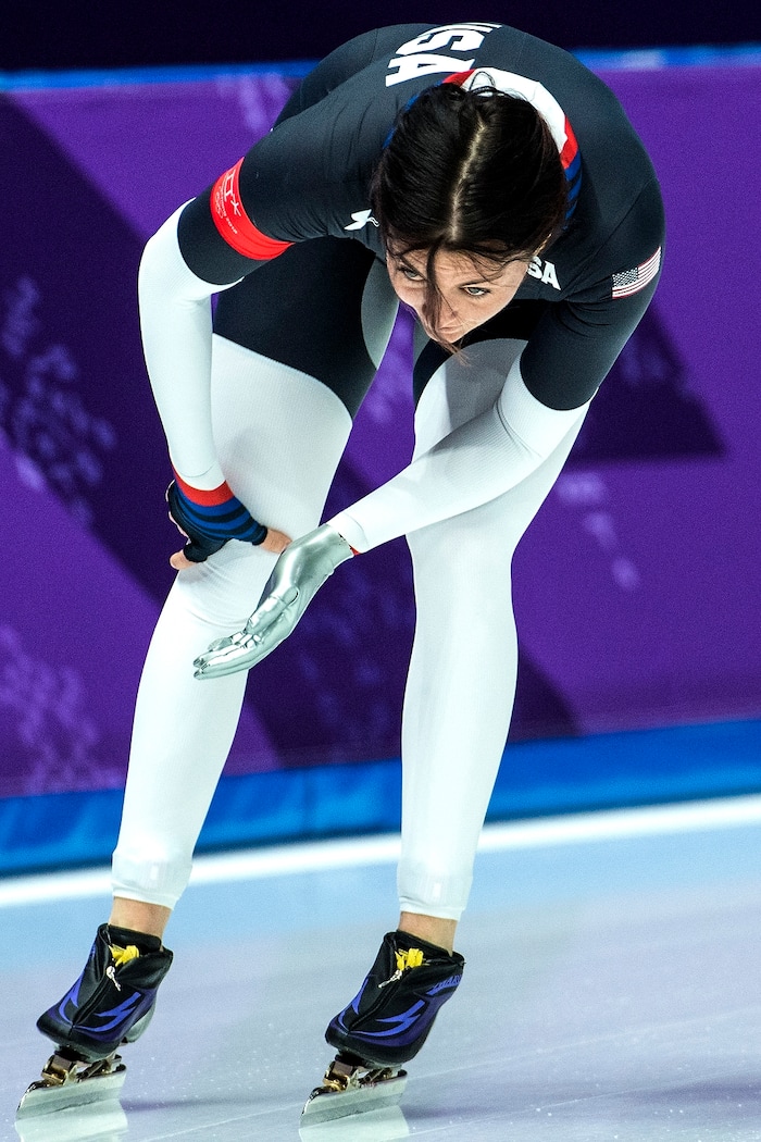(Chris Detrick  |  The Salt Lake Tribune)  USA's Heather Bergsma after racing Netherlands' Marrit Leenstra in the Ladies' 1,000m during the Pyeongchang 2018 Winter Olympics Wednesday, Feb. 14, 2018.  Bergsma finished in 8th place with a time of 1:15.15.