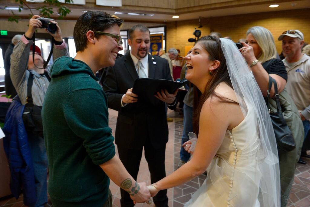 (Francisco Kjolseth  |  The Salt Lake Tribune) A marriage performed in 2013 at the Salt Lake City County offices. Jake Oaks, who is running for Utah County Clerk in November, says he won't issue marriage licenses to same-sex couples if he's elected.