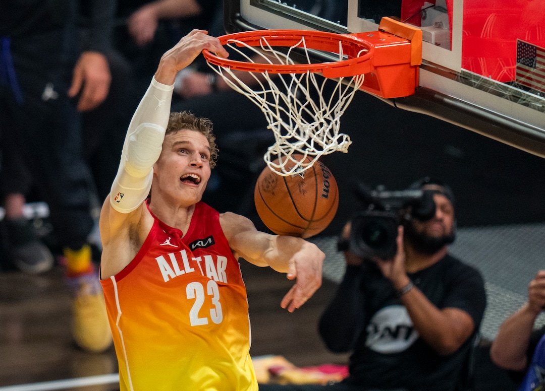 (Rick Egan | The Salt Lake Tribune)  Lauri Markkanen (23) dunks the ball for Team Giannis, in the 2023 NBA All-Star Game at Vivint Area, on Sunday, Feb. 19, 2023.